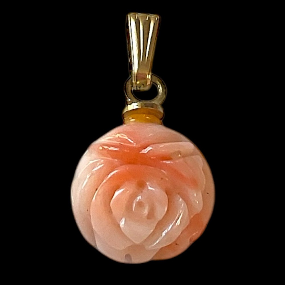 Vintage 12k Gold Filled Carved Flower Angel Skin Coral Small Pendant